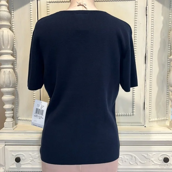 Designers Originals Petite Navy Short Sleeve Fine Knit Sweater Top SZ Medium - Picture 2 of 6
